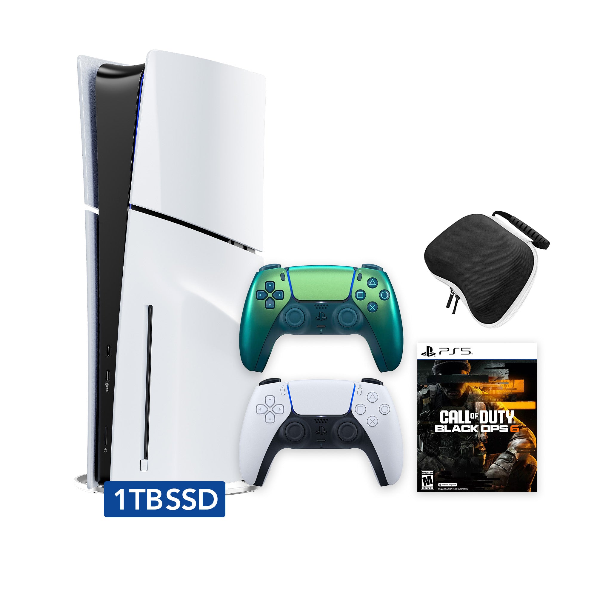 PlayStation 5 Slim Disc 1TB SSD Call of Duty Black Ops 6 Bundle with Two Controllers, White and Chroma Teal DualSense and Mytrix Hard Shell Protective Controller Case - PS5 Slim Disc Edition PlayStation 5 Slim Disc 1TB SSD Call of Duty Black Ops 6 Bundle with Two Controllers, White and Chroma Teal DualSense and Mytrix Hard Shell Protective Controller Case - PS5 Slim Disc Edition